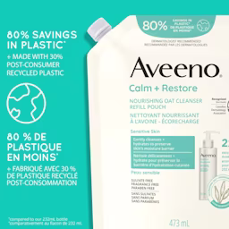 Aveeno Calm + Restore Cleanser Refill Pouch and  text stating ' 80% savings in plastic & made with 30% post-consumer recycled plastic.’