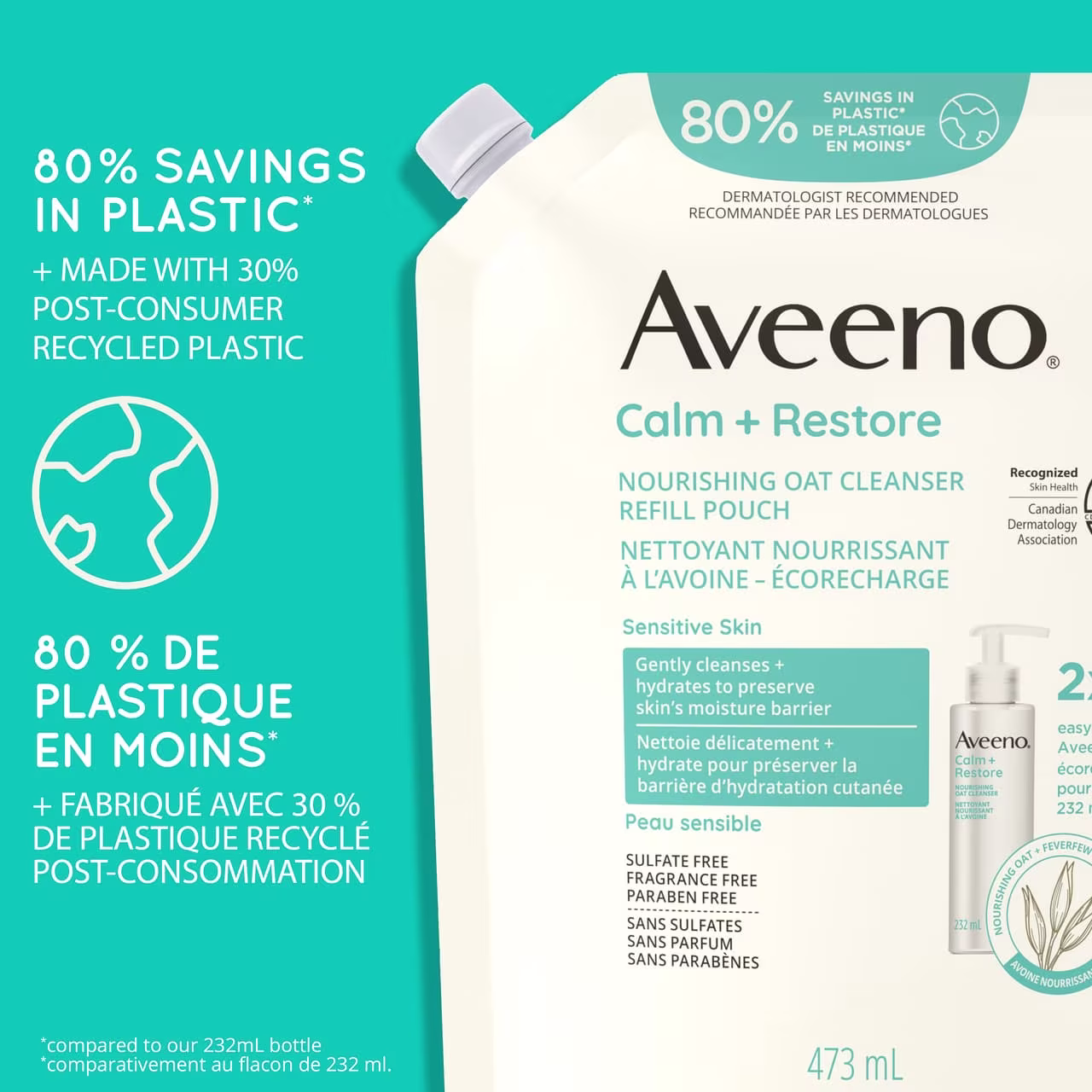 Aveeno Calm + Restore Cleanser Refill Pouch and  text stating ' 80% savings in plastic & made with 30% post-consumer recycled plastic.’