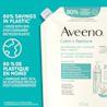 Aveeno Calm + Restore Cleanser Refill Pouch and  text stating ' 80% savings in plastic & made with 30% post-consumer recycled plastic.’