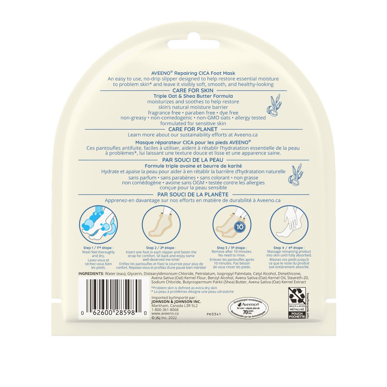 Panneau arrière de l'emballage du masque réparateur CICA pour les pieds AVEENO®