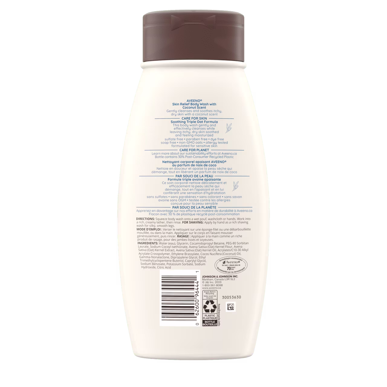 Photo de derrière du gel nettoyant apaisant à la noix de coco d’AVEENO®, bouteille compressible de 532 mL