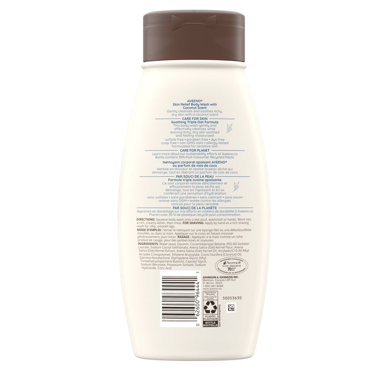 Photo de derrière du gel nettoyant apaisant à la noix de coco d’AVEENO®, bouteille compressible de 532 mL