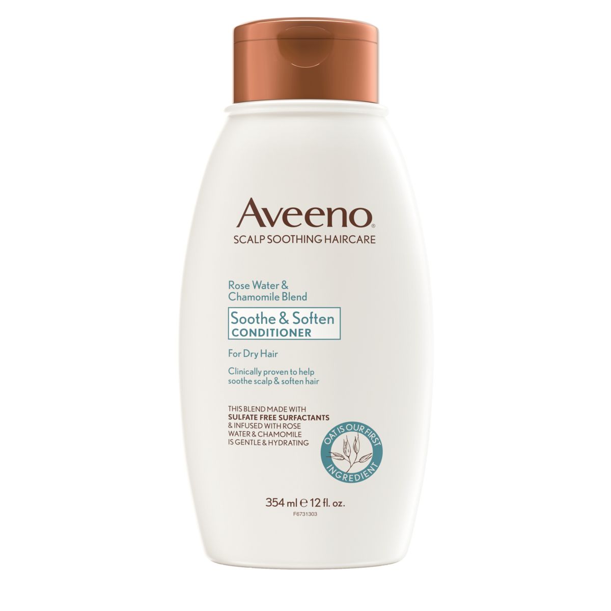 Pack shot of Aveeno® Rosewater & Chamomile Blend Soothe and Soften Conditioner for Dry Hair, 12 fl oz