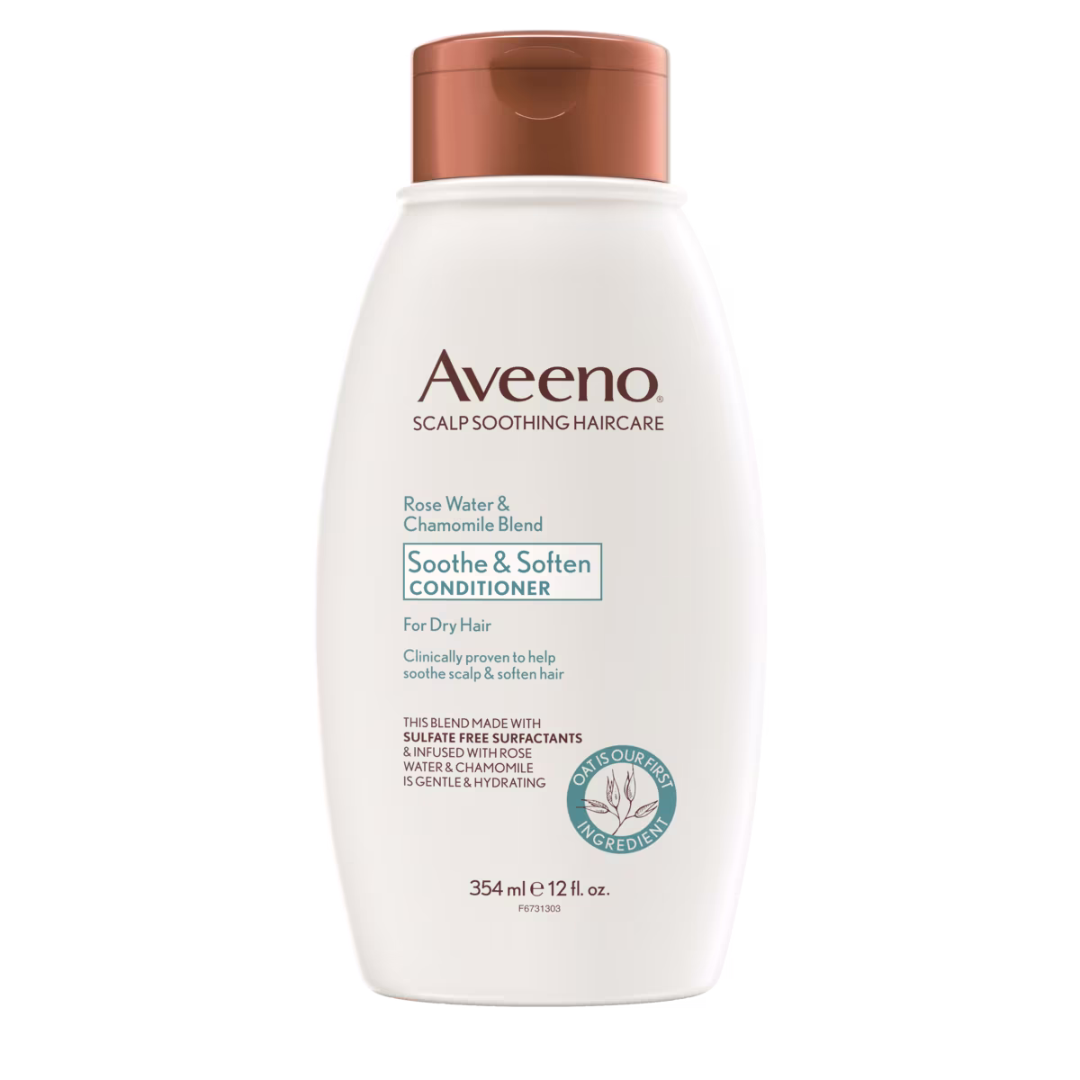 Pack shot of Aveeno® Rosewater & Chamomile Blend Soothe and Soften Conditioner for Dry Hair, 12 fl oz
