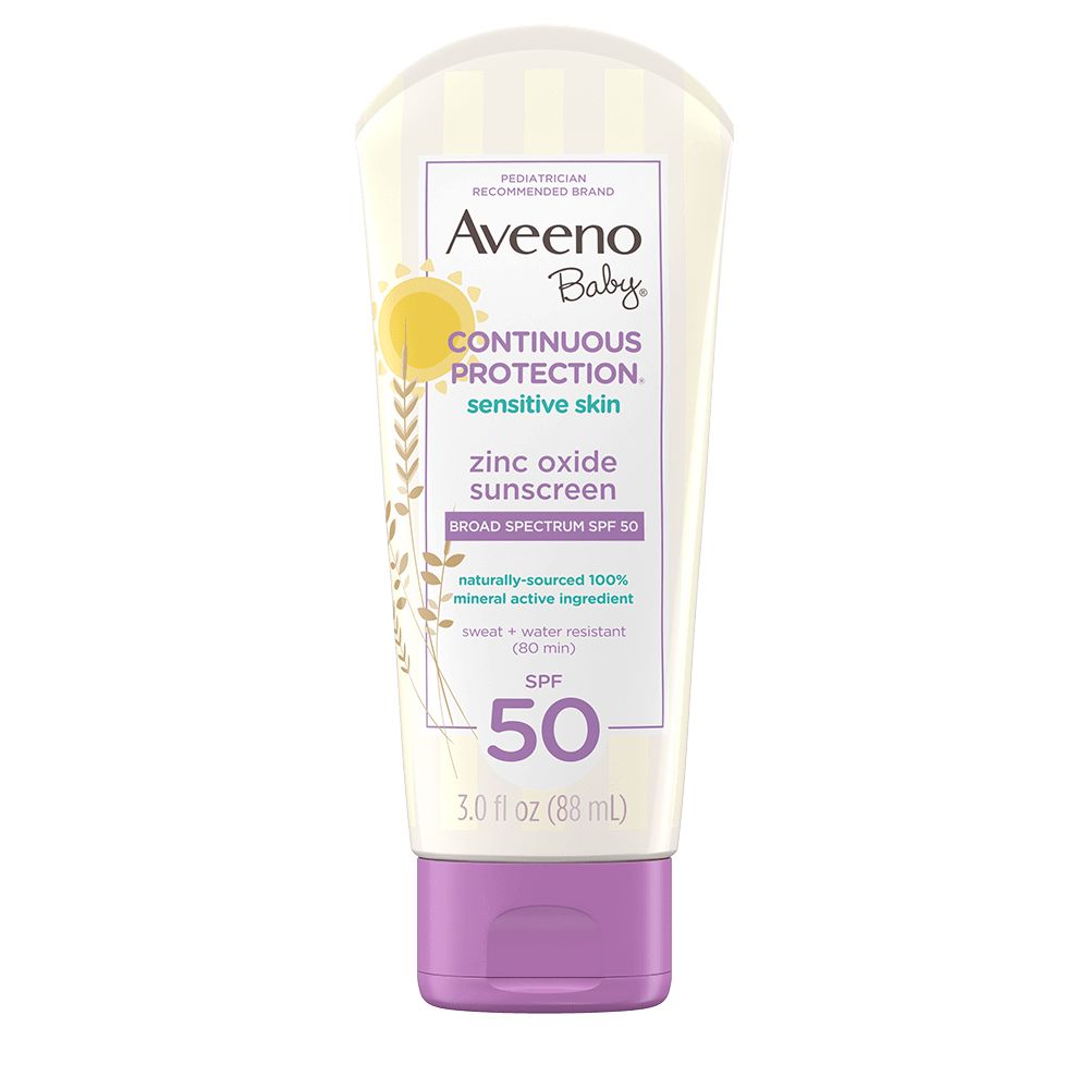Front pack shot of Aveeno® Baby Continuous Protection® Sensitive Skin Lotion Zinc Oxide Sunscreen SPF 50