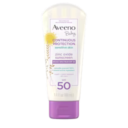 Front pack shot of Aveeno® Baby Continuous Protection® Sensitive Skin Lotion Zinc Oxide Sunscreen SPF 50