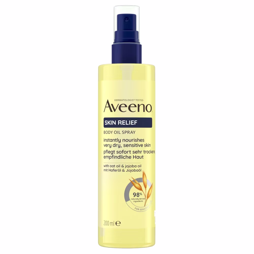 Aveeno®  Skin Relief Tělový olej ve spreji – pečuje o velmi suchou a citlivou pokožku,  klinicky prokázáno, intenzivní hydratace