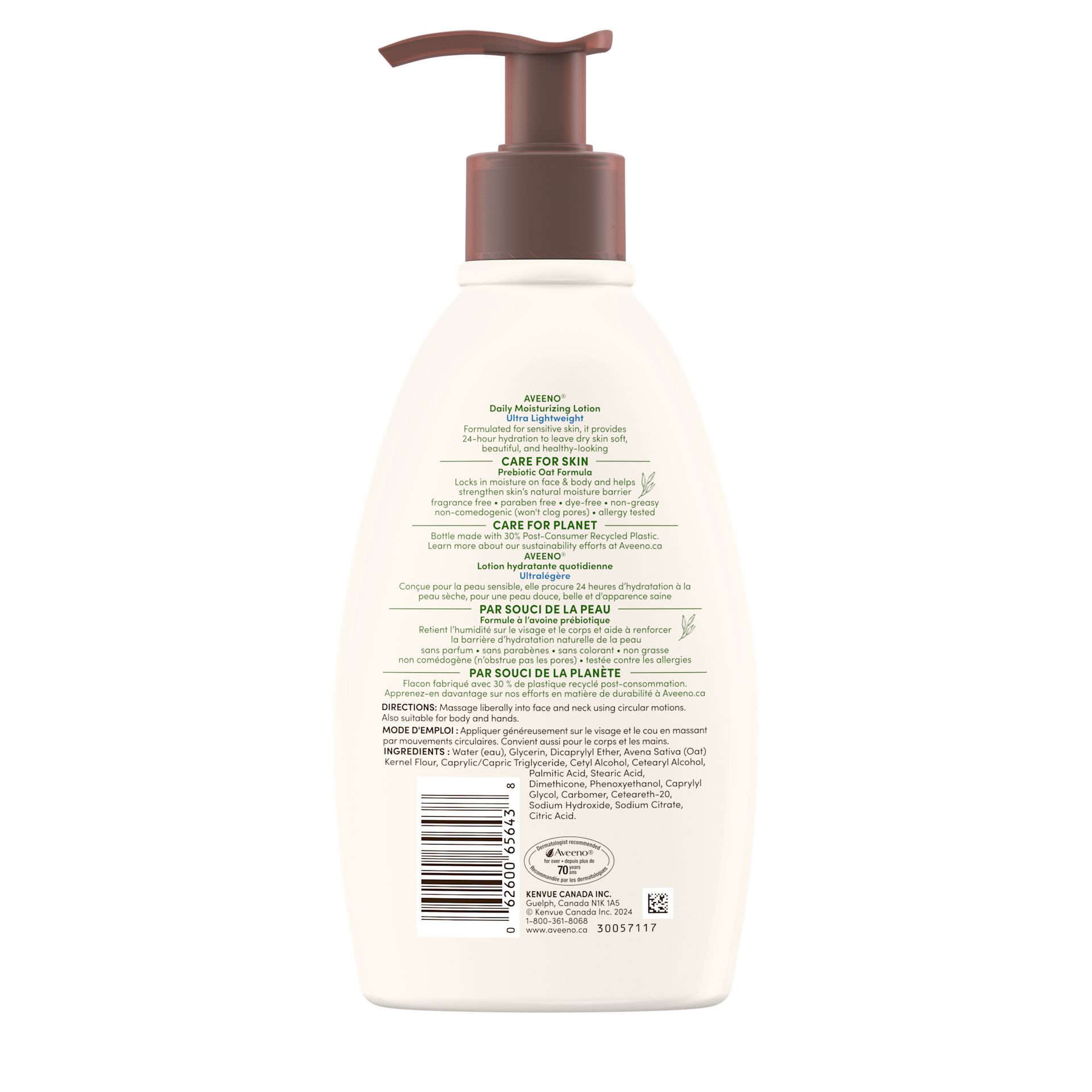 Photo de l’arrière d’une bouteille-pompe de 354 mL de la lotion hydratante quotidienne Aveeno® ultralégère