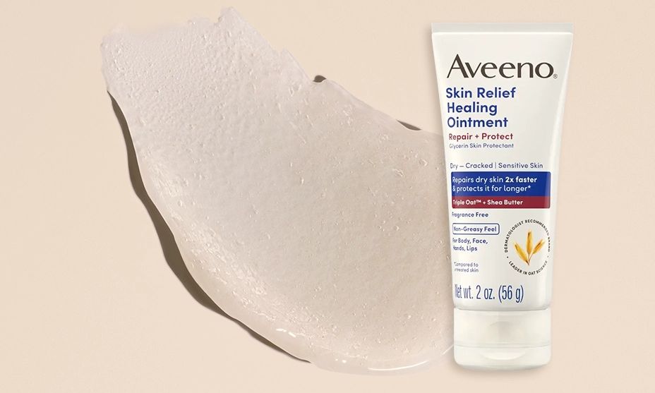Treatment banner introducing Aveeno® Skin Relief Healing Ointment with Non-greasy Ointment texture