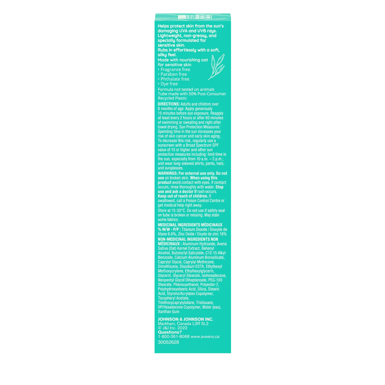 Packaging of AVEENO® Protect + Soothe Face Mineral Sunscreen for Sensitive Skin with SPF 30 back label