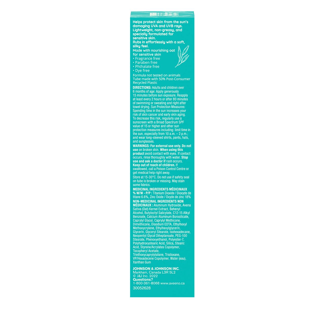 Packaging of AVEENO® Protect + Soothe Face Mineral Sunscreen for Sensitive Skin with SPF 30 back label