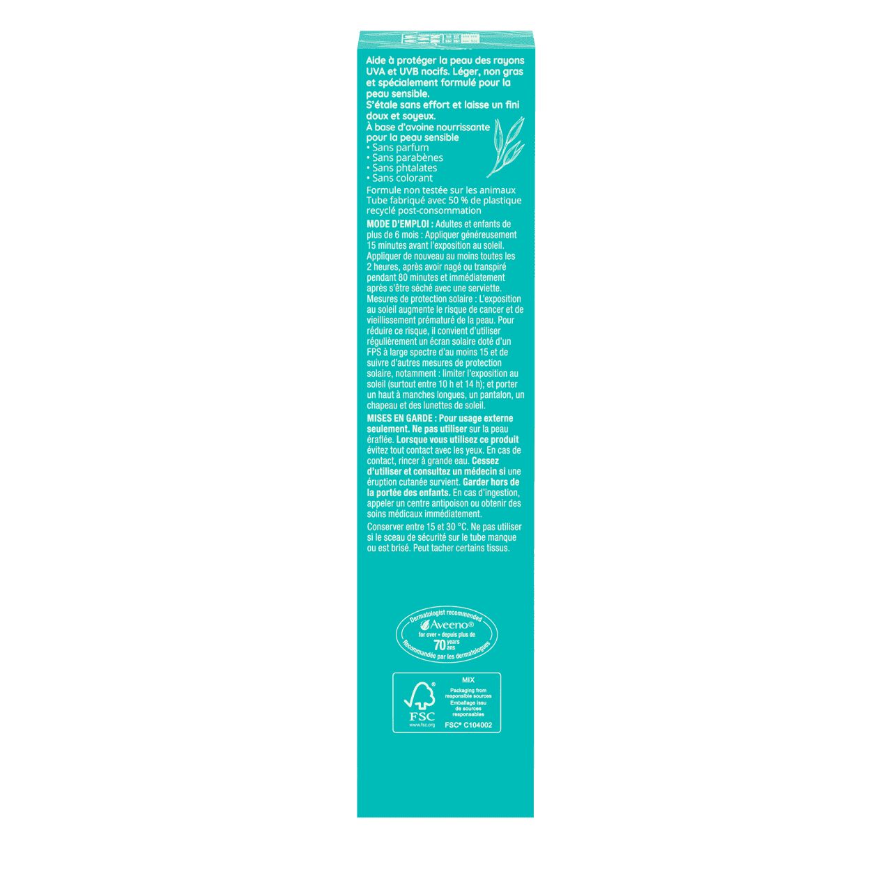 Arrière de l’emballage de l’écran solaire minéral AVEENO® Protect + Soothe Visage pour peau sensible, avec FPS 30