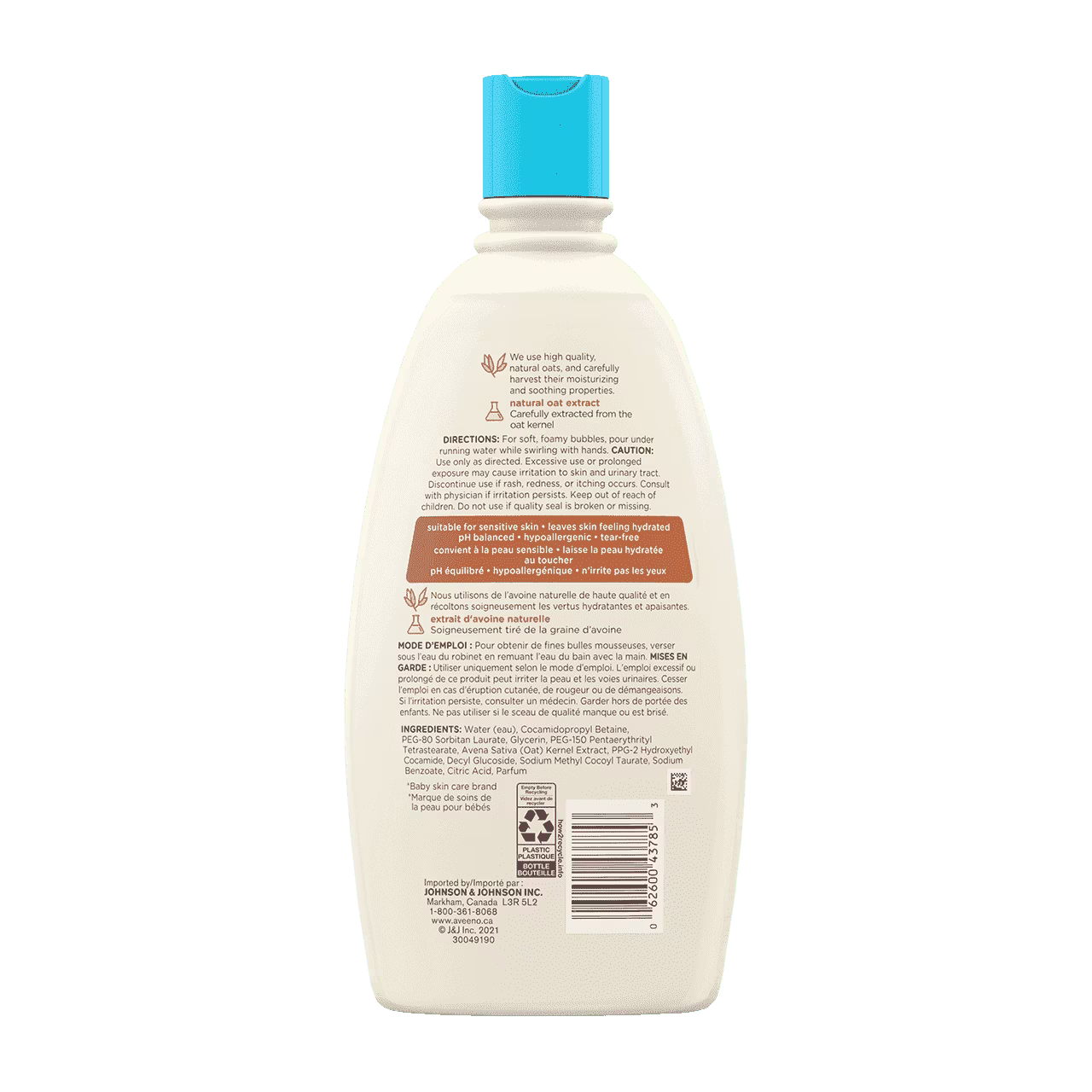 AVEENO® Baby Bubble Bath for Sensitive Skin bottle back label, 568ml