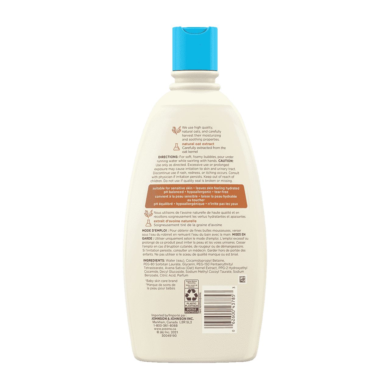 AVEENO® Baby Bubble Bath for Sensitive Skin bottle back label, 568ml