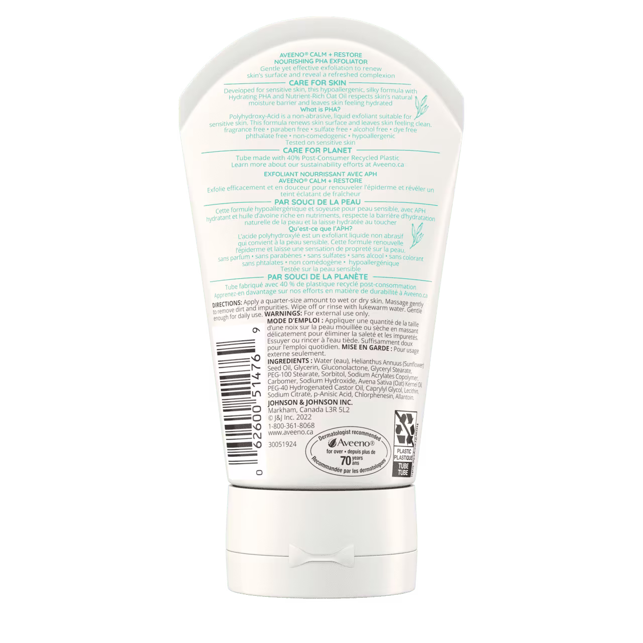 Arrière du tube de 118 ml d’exfoliant nourrissant avec APH AVEENO® Calm + Restore