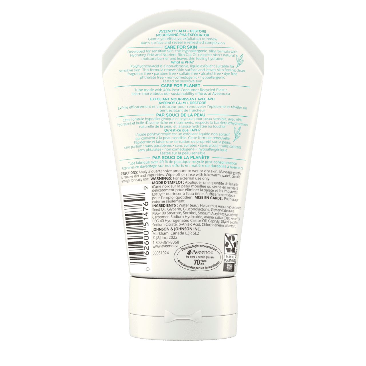 Back Shot of Tube of Aveeno® Calm + Restore Nourishing PHA Exfoliator in 118 mL