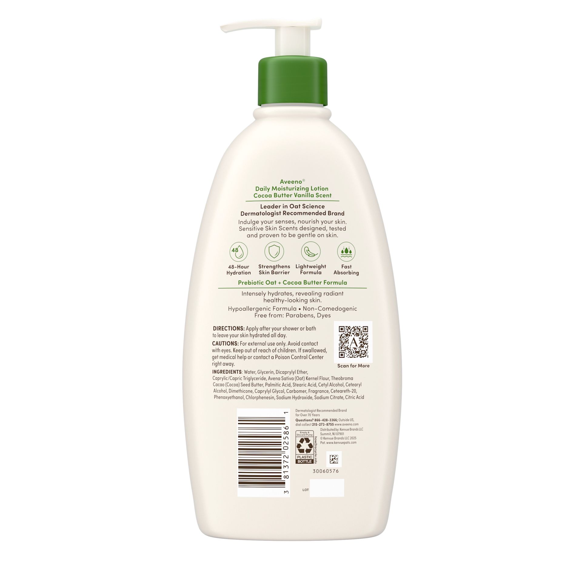 Back pack shot of Aveeno® DM Body Lotion, Cocoa Butter Vanilla Scent, Sensitive Skin Scents 18oz