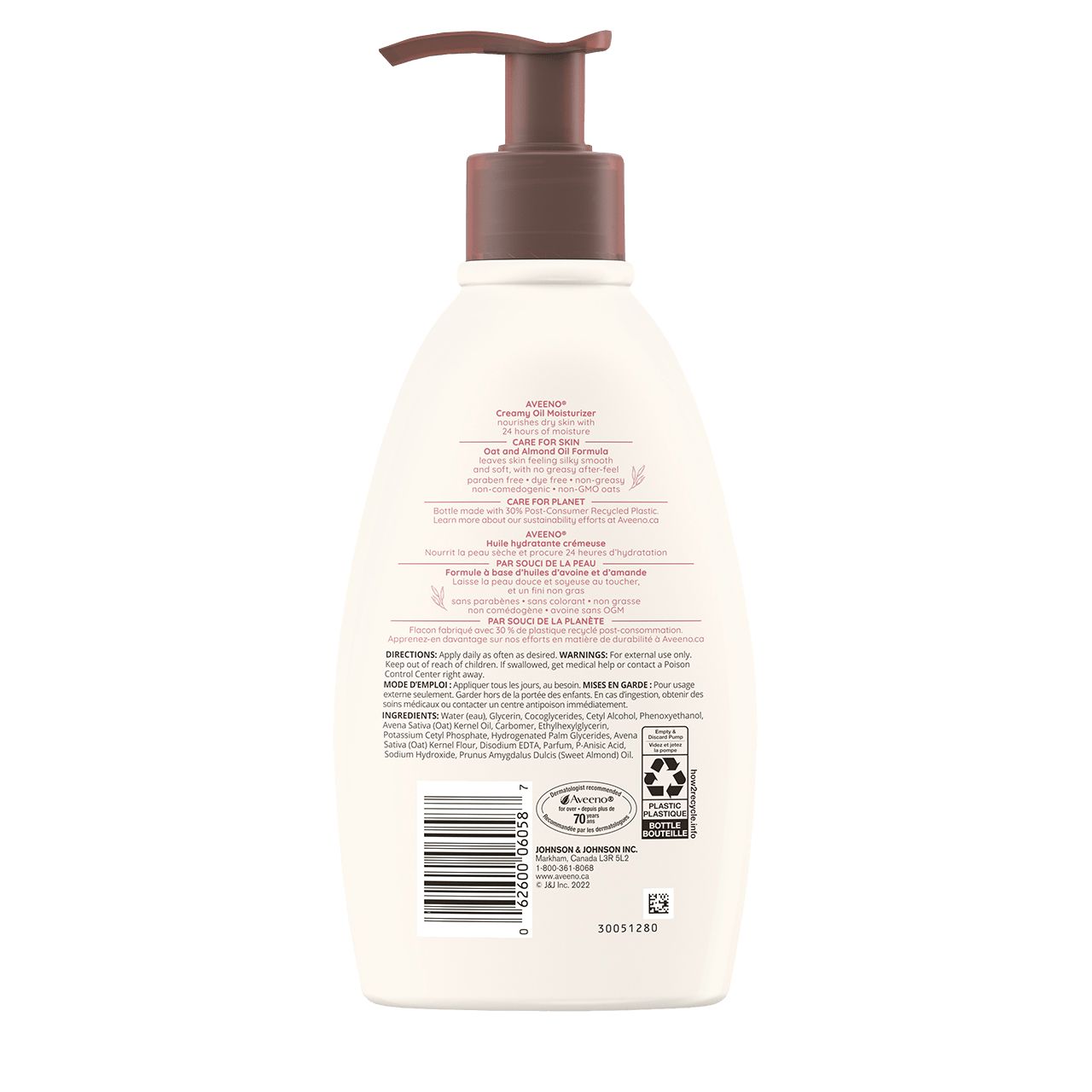 Back shot of AVEENO® Creamy Moisturizing Oil, Light Scent, 354ml pump bottle