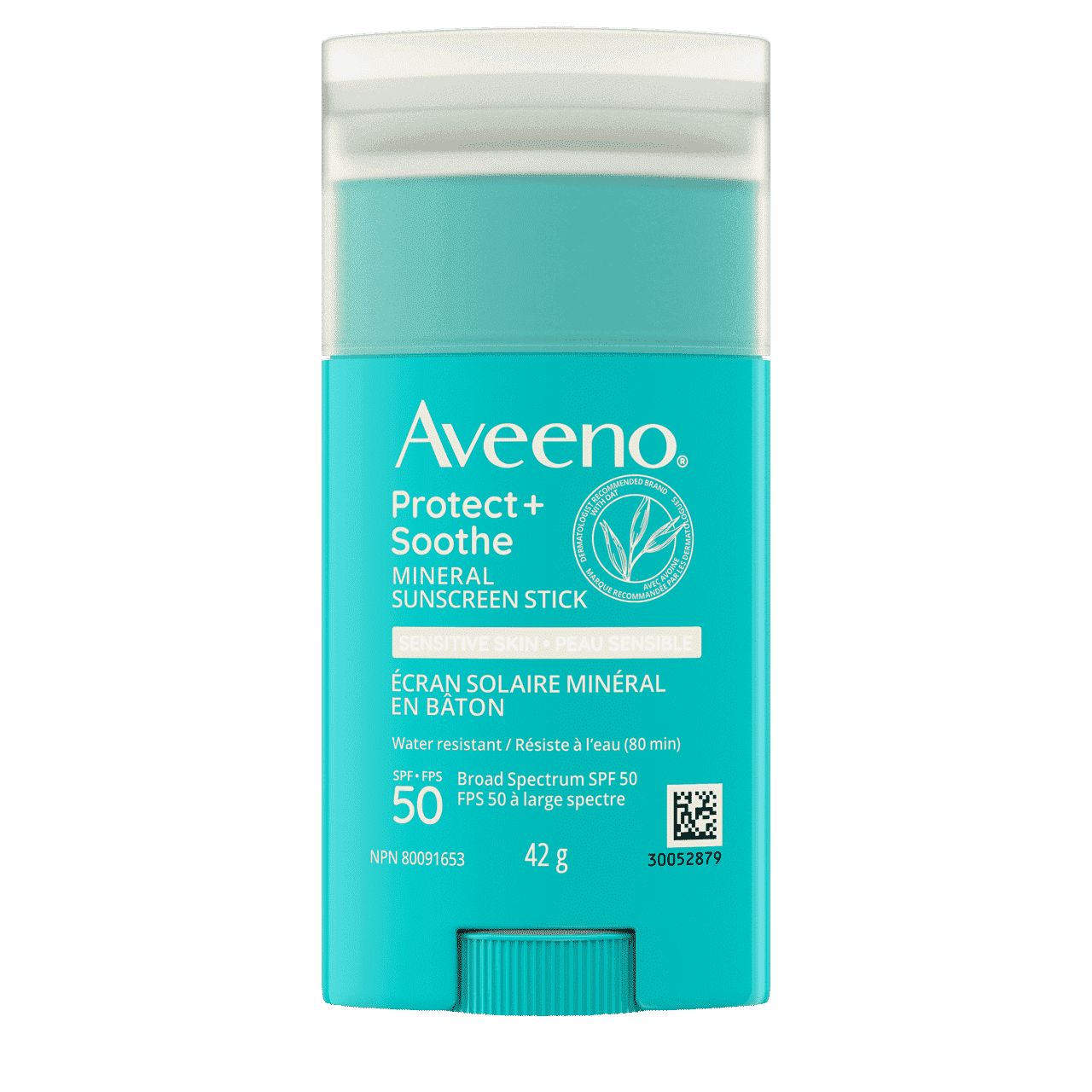 Bâton de 42 g de l’écran solaire minéral AVEENO® Protect + Soothe pour la peau sensible, FPS 50, 