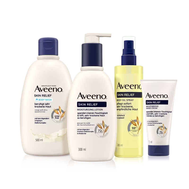 Rad Aveeno® Skin Relief – Starostlivosť pre veľmi suchú, citlivú pokožku. Aveeno® Skin Relief Hydratačné telové mlieko, Aveeno® Telový olej v spreji, Aveeno® Skin  Relief Hydratačný sprchovací gél a Aveeno® Skin Relief Hydratačný krém na ruky