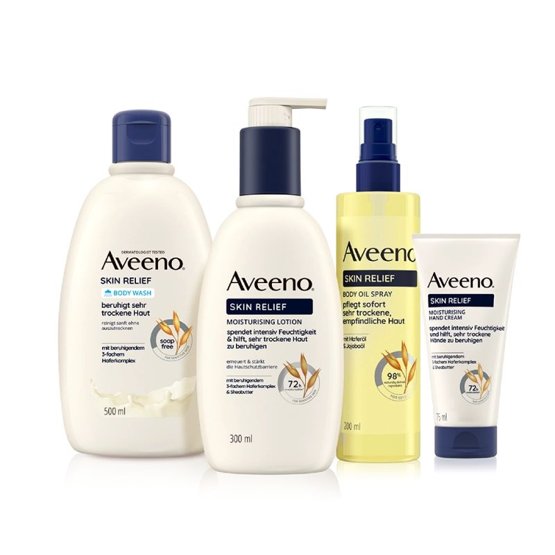 Rad Aveeno® Skin Relief – Starostlivosť pre veľmi suchú, citlivú pokožku. Aveeno® Skin Relief Hydratačné telové mlieko, Aveeno® Telový olej v spreji, Aveeno® Skin  Relief Hydratačný sprchovací gél a Aveeno® Skin Relief Hydratačný krém na ruky