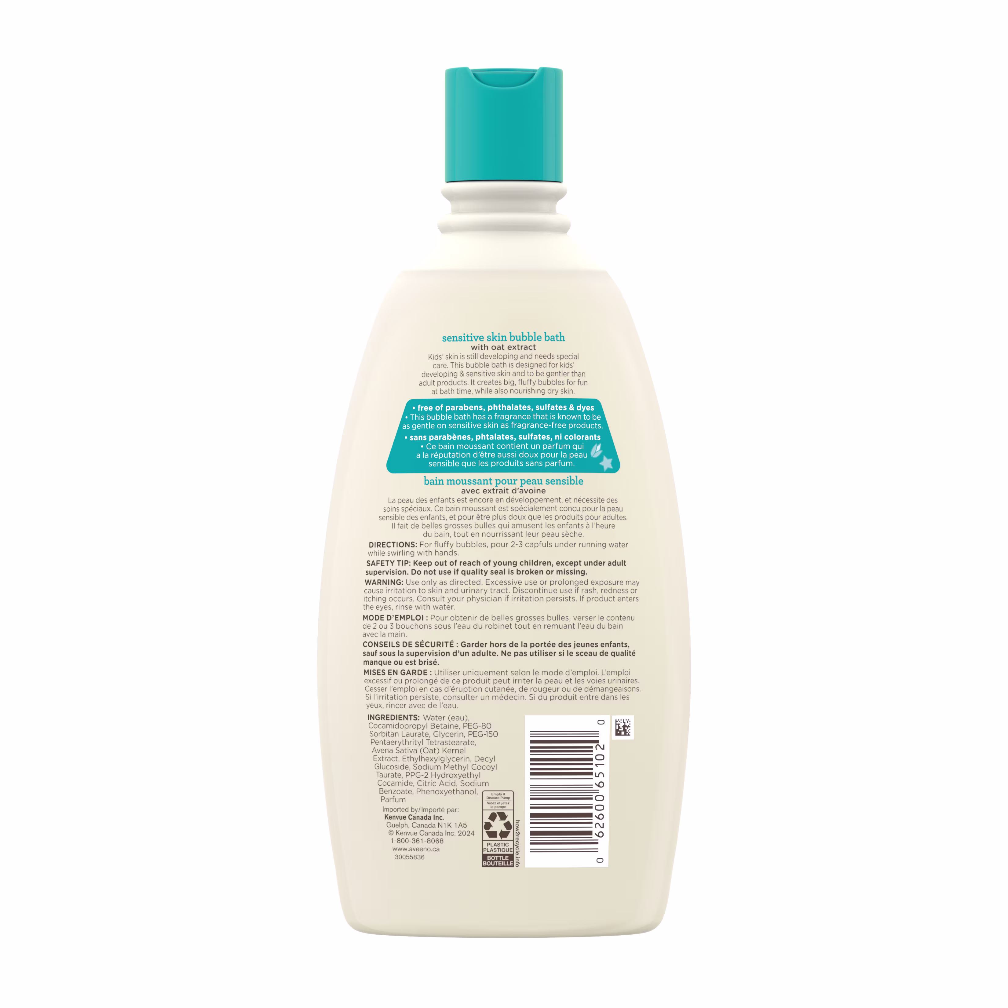 AVE NA CA 62600651020 100065102 194806 Kids Bubble Bath 568mlz 00000 AVE NA CA 62600651020 100065102 194806 Kids Bubble Bath 568mlz 00180 Vue arrière du bain moussant pour enfants AVEENO®, bouteille de 568 mL