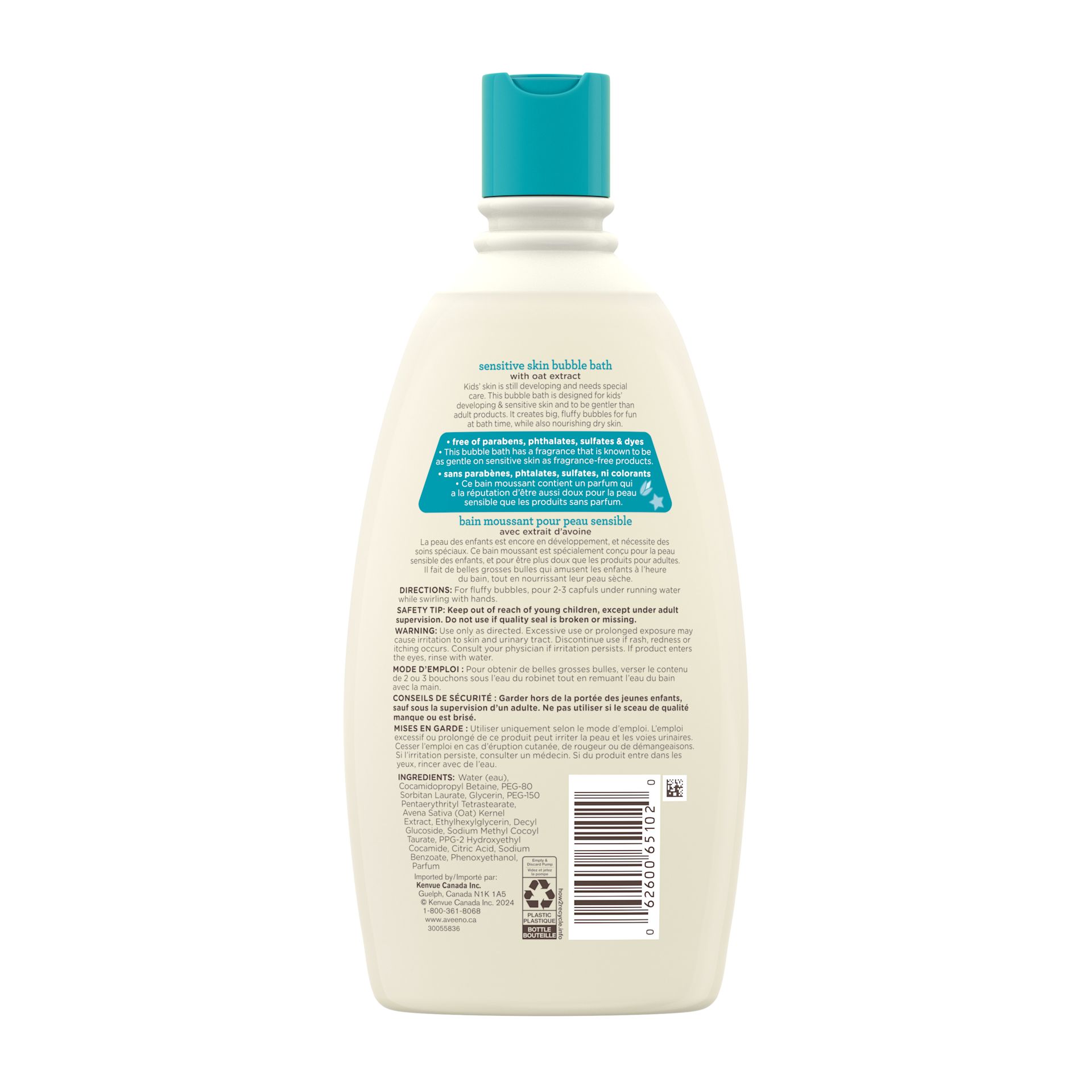 Vue arrière du bain moussant pour enfants AVEENO®, bouteille de 568 mL