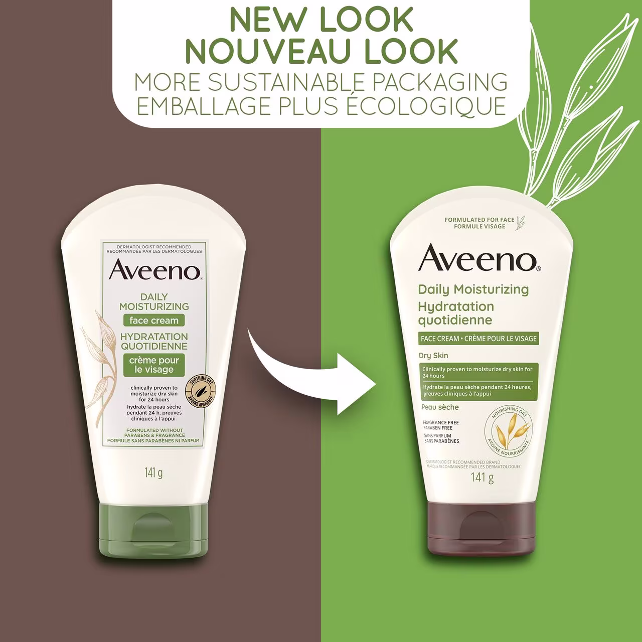 The old and new look of Aveeno Daily Moisturizing Face Cleanser bottles with a text indicating, ‘More sustainable packaging.'