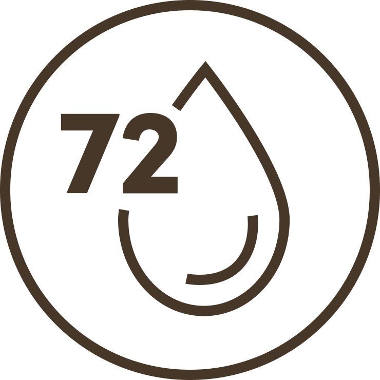 A graphic illustration of a 72hour hydration, a water drop and the number 72 icon