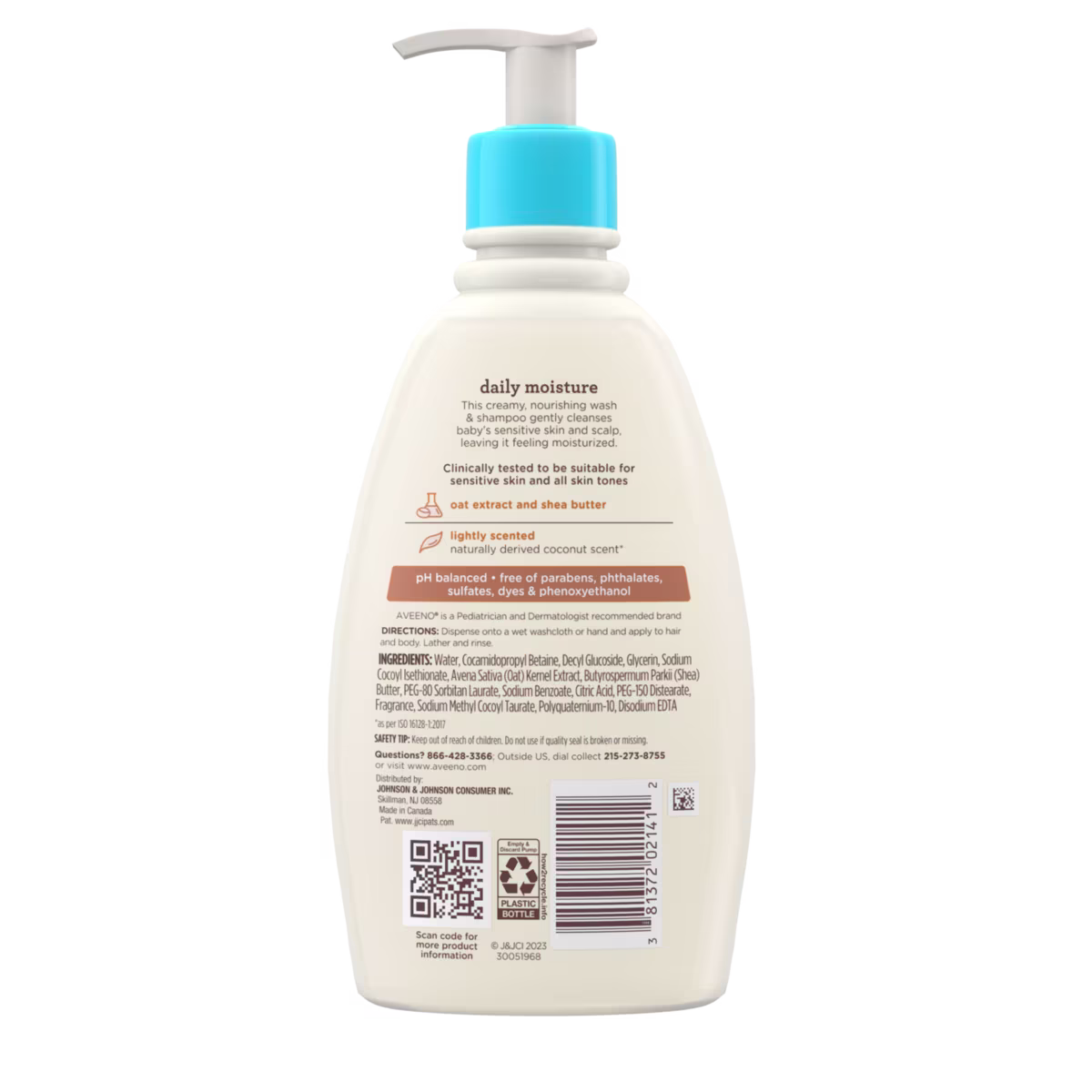 Back pack shot of Aveeno® Baby Daily Moisture 2-in-1 Body Wash & Shampoo With Shea Butter and Oat Extract
