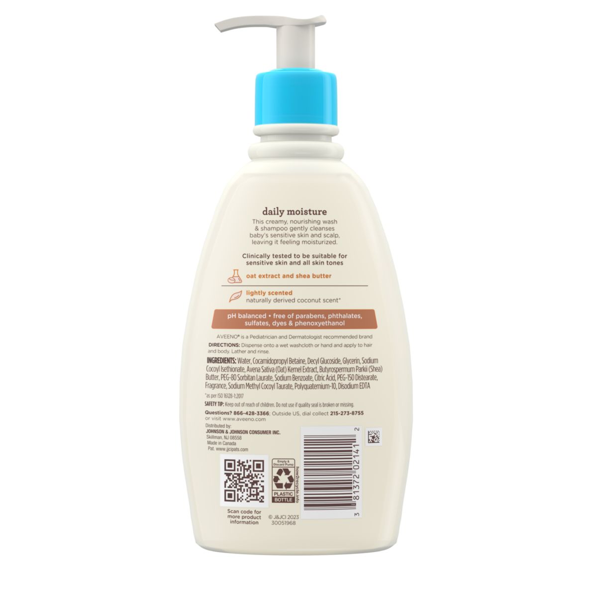 Back pack shot of Aveeno® Baby Daily Moisture 2-in-1 Body Wash & Shampoo With Shea Butter and Oat Extract