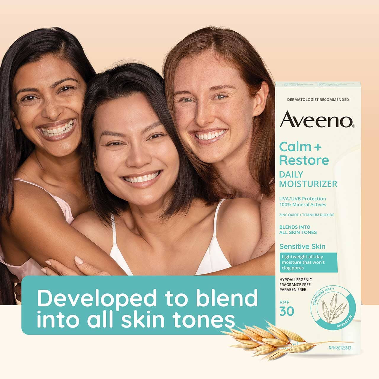 Aveeno® Calm + Restore Daily Moisturizer Mineral SPF 30 Image 4 - Aveeno En-CA Three multicultural young women hugging and smiling