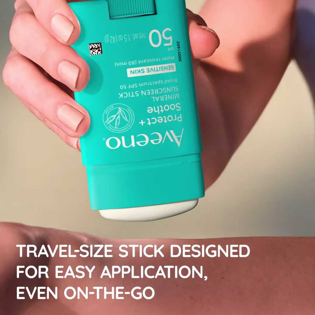 Aveeno® Protect + Soothe Mineral Sun stick, travel size designed for easy application, on the go