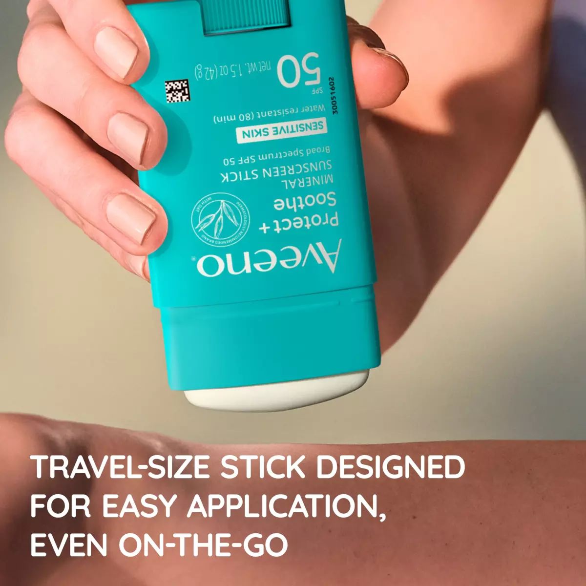Aveeno® Protect + Soothe Mineral Sun stick, travel size designed for easy application, on the go