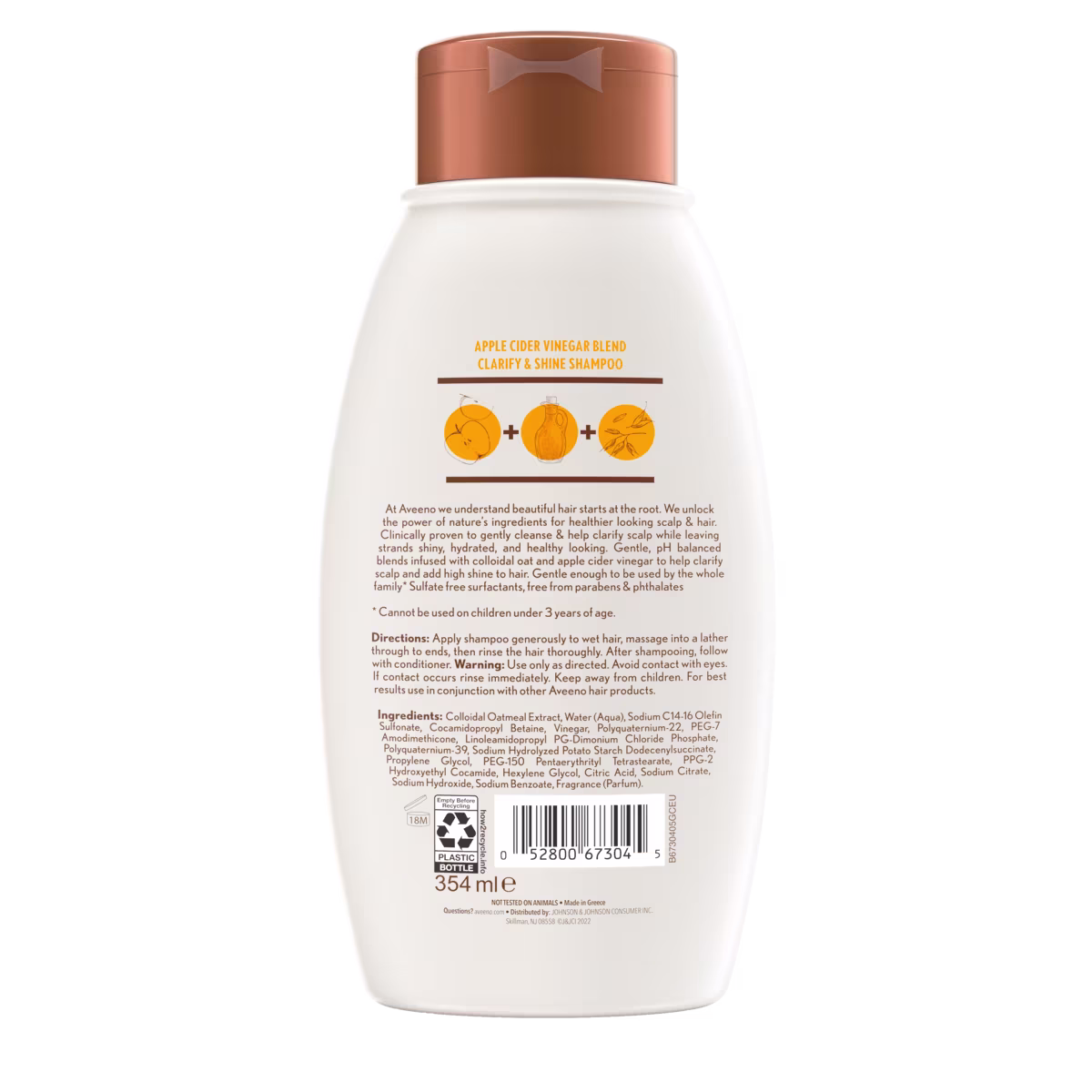 Back of Pack of Aveeno® Apple Cider Vinegar Blend Clarify & Shine Shampoo for Oily/Dull Hair, 12 fl oz