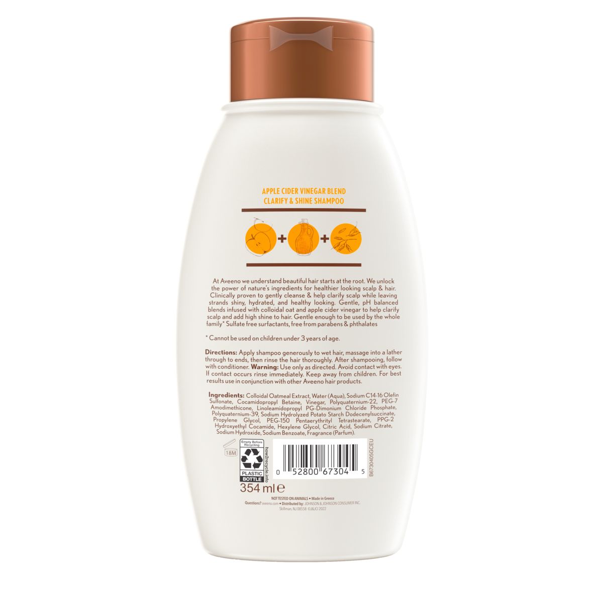 Back of Pack of Aveeno® Apple Cider Vinegar Blend Clarify & Shine Shampoo for Oily/Dull Hair, 12 fl oz