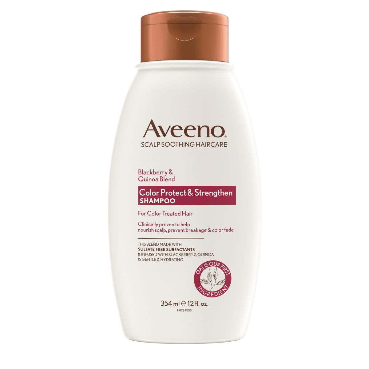Front pack shot of Aveeno® Blackberry & Quinoa Blend Color Protect & Strengthen Shampoo