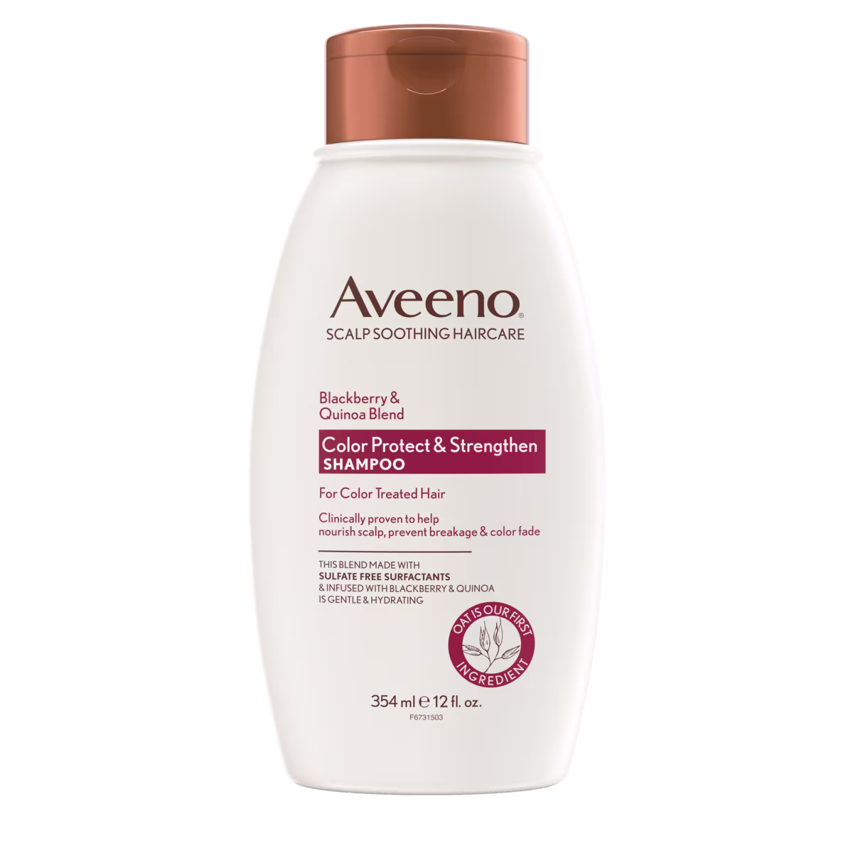 Front pack shot of Aveeno® Blackberry & Quinoa Blend Color Protect & Strengthen Shampoo