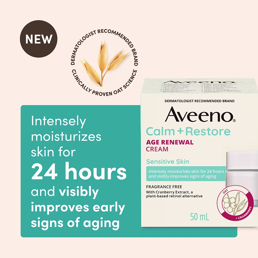 JS4452-AV-CR-AgeRenewalEcommTiles-ENG-4000x4000-2 The front shot of the AVEENO® Calm + Restore Age Renewal Face Cream product packaging next to the dermatologically recommended brand logo