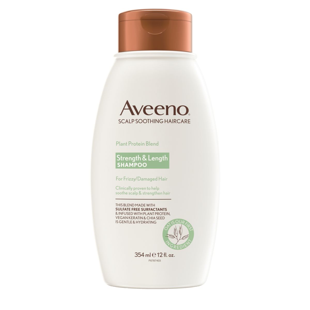 Pack shot of Aveeno® Plant Protein Strength & Length Shampoo for Frizzy/Damaged Hair, 12 fl oz