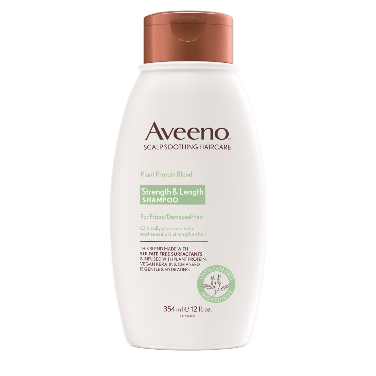 Pack shot of Aveeno® Plant Protein Strength & Length Shampoo for Frizzy/Damaged Hair, 12 fl oz