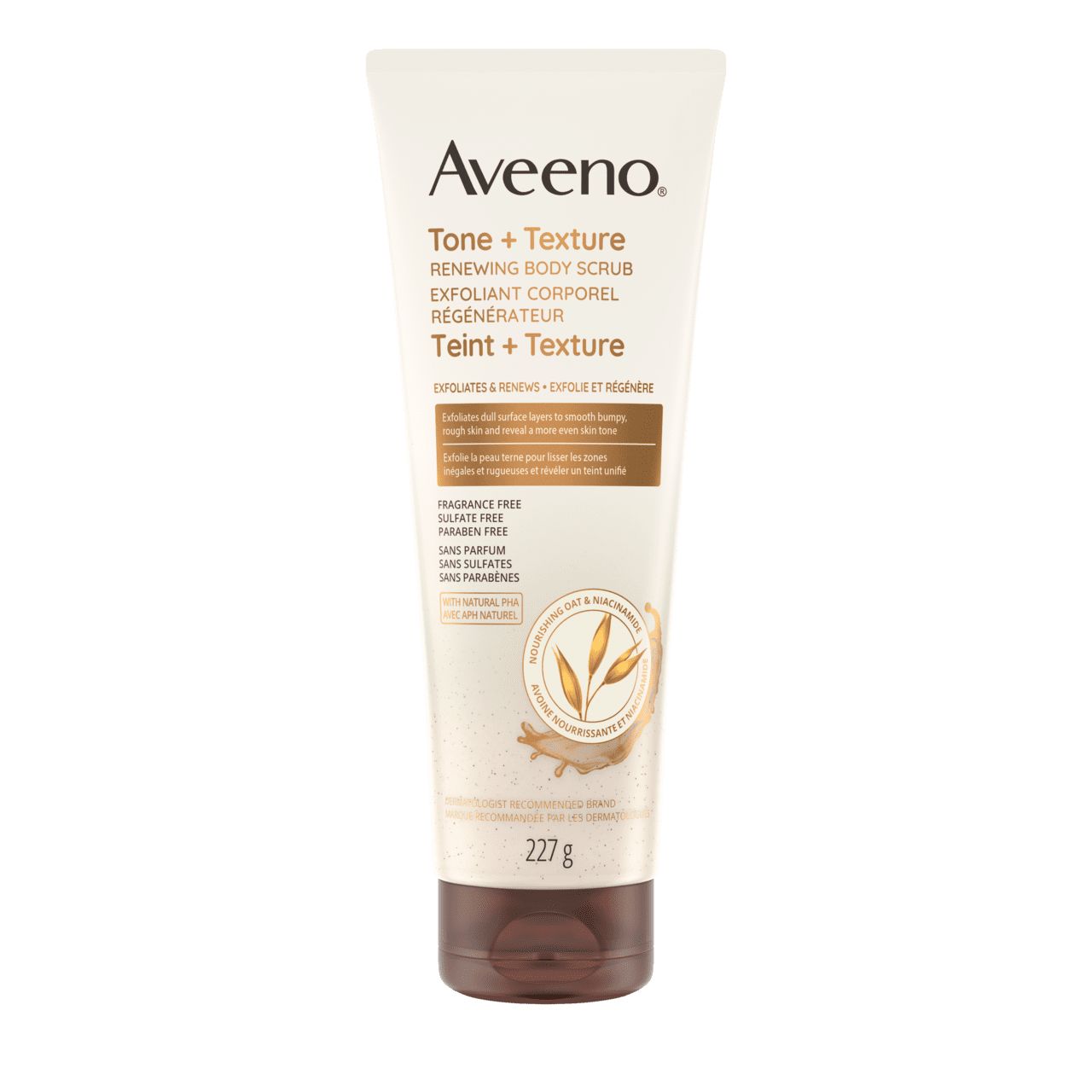 Tube de 227 g de l’exfoliant corporel régénérateur Teint + Texture Aveeno®