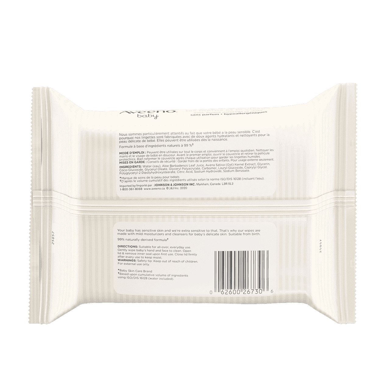 Baby Hand & Face Wipes, pack of 25 disposable wipes, back label