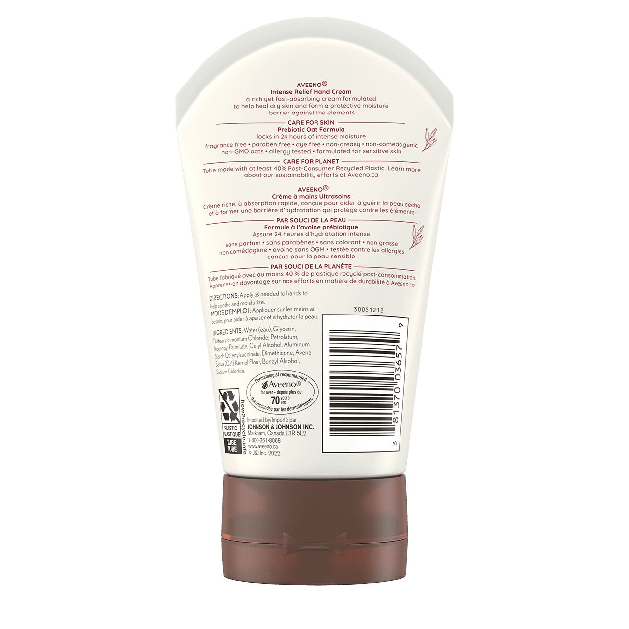 Crème à mains ultrasoins AVEENO®, non parfumée, panneau arrière du flacon à presser de 97 ml