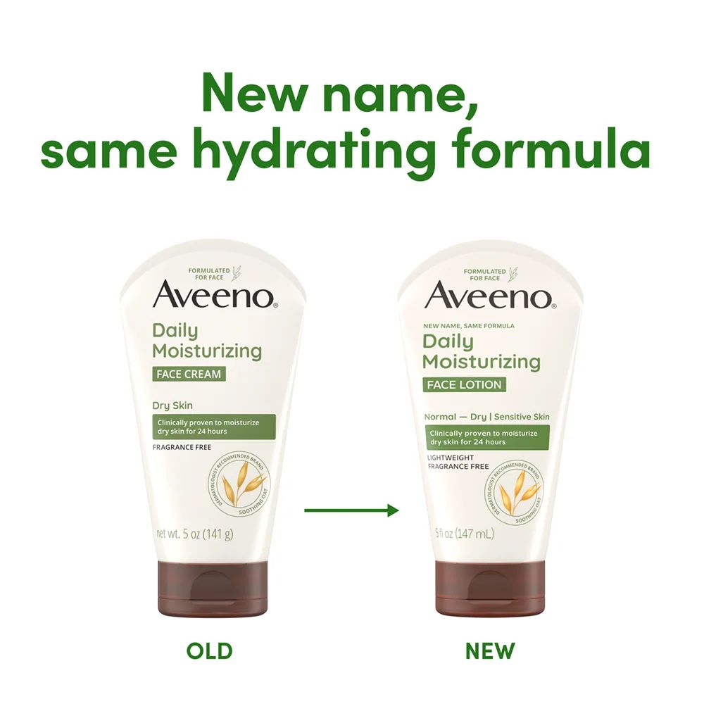 New Look - Daily Moisturizing Face Lotion for Dry Skin, Oat Aveeno® Daily Moisturizing Face Cream Old and New packaging, new name same hydrating formula
