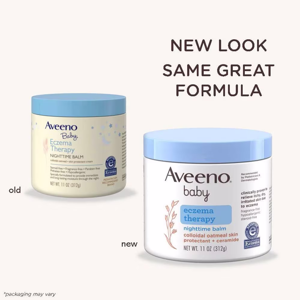 Pack shot of Aveeno® Baby Eczema Therapy Nighttime Balm 11 oz with old and new product look