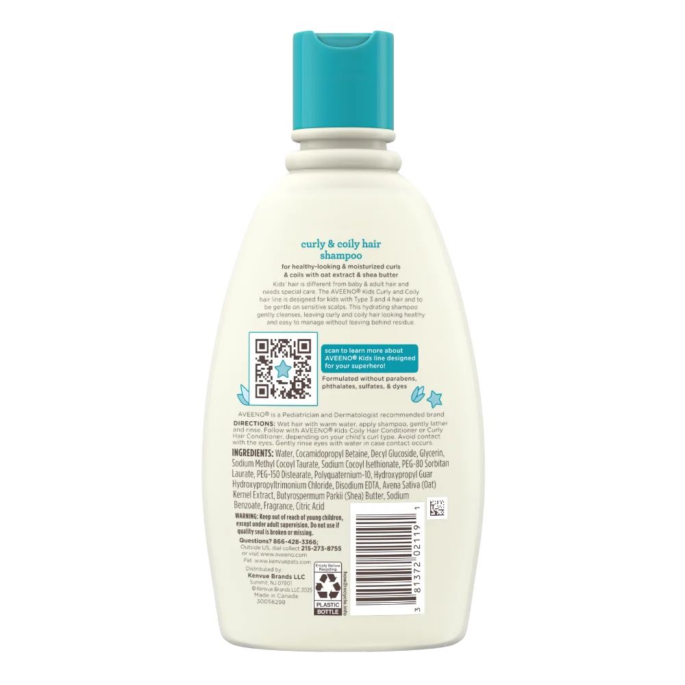 Back pack shot of Aveeno® Kids Curly & Coily Hair Shampoo 12oz