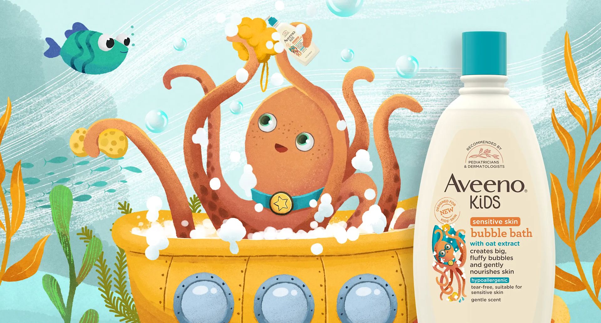 Inky the Octopus promotional banner with Aveeno® Kids sensitive bubble bath