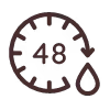 A graphic clock icon with 48 hour symbol with a drop of water, representing 48 hours of moisturization