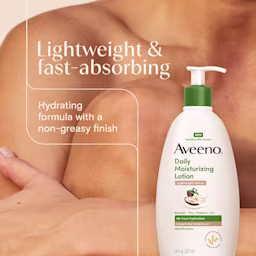 05CocoaButterVanilla Lotion PDP7 APPLICATION Aveeno® DM Lotion Cocoa Butter Vanilla leaves skin silky-soft rich lather nourishes gently cleanses